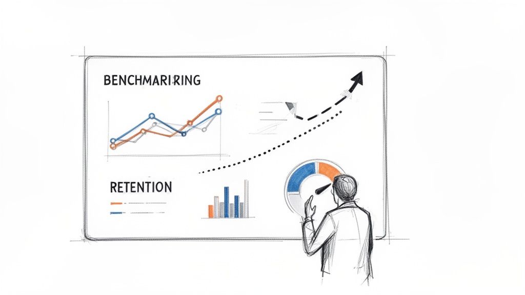 Illustration of a manager analyzing benchmarking and retention data on a dashboard with growth trends.