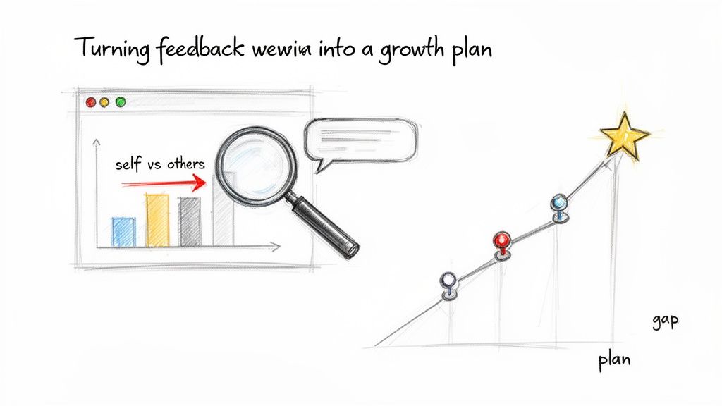 Visualizing feedback review (self vs others) with a magnifying glass leading to a growth plan.