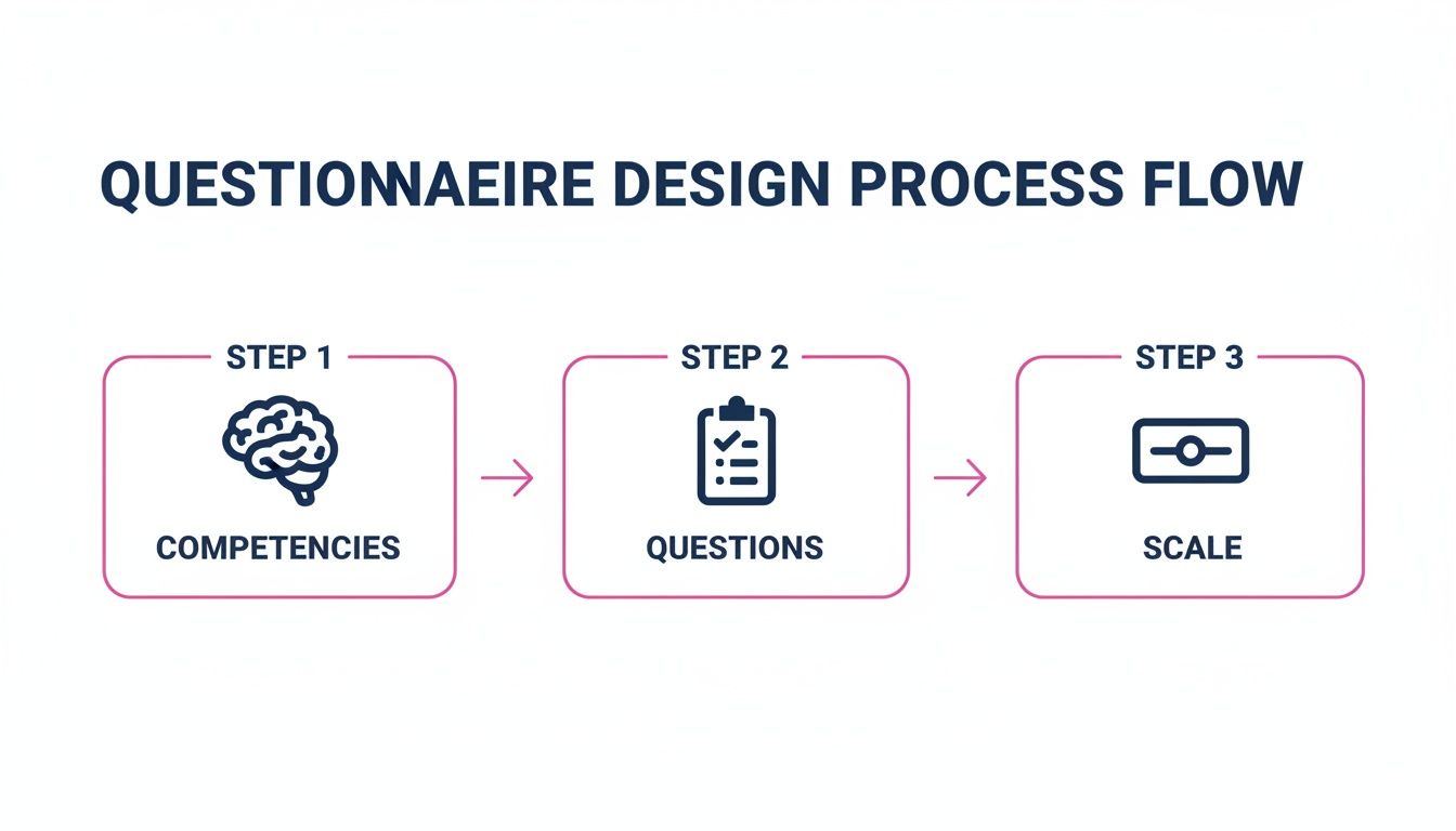 Flowchart showing the 3-step questionnaire design process: competencies, questions, and scale.
