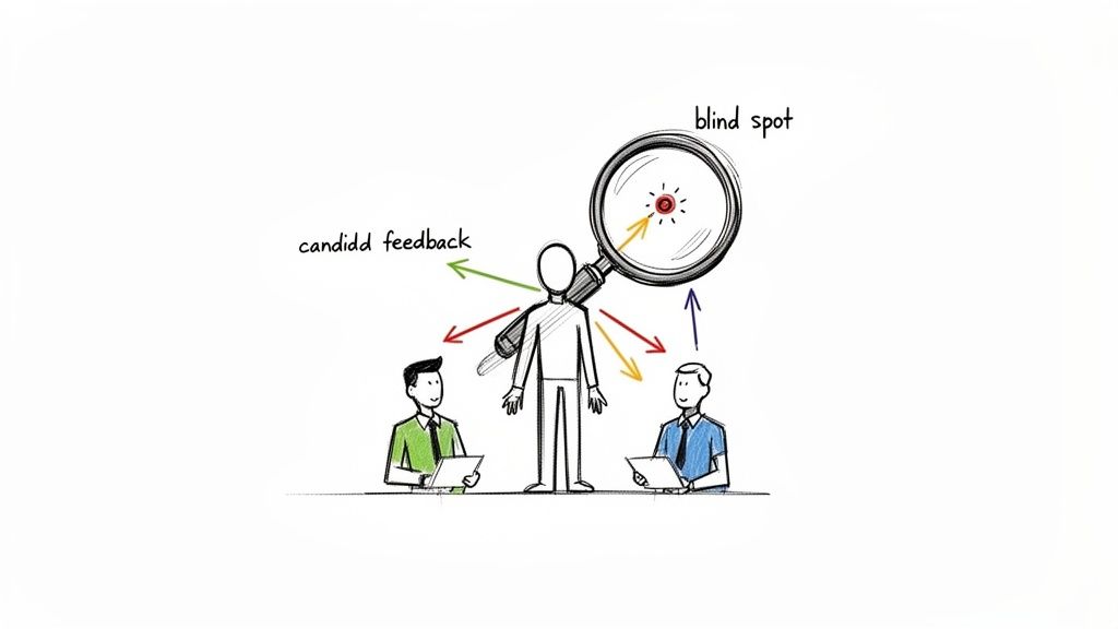 An illustration shows a person getting candid feedback to uncover their blind spots with a magnifying glass.
