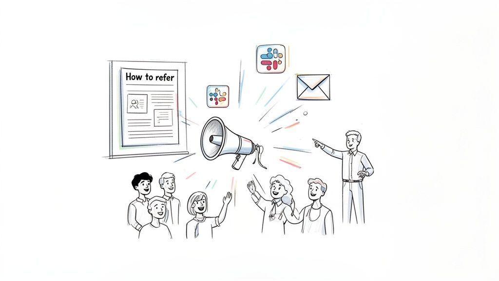 Illustration of employees learning about an employee referral scheme via megaphone, document, and digital tools.