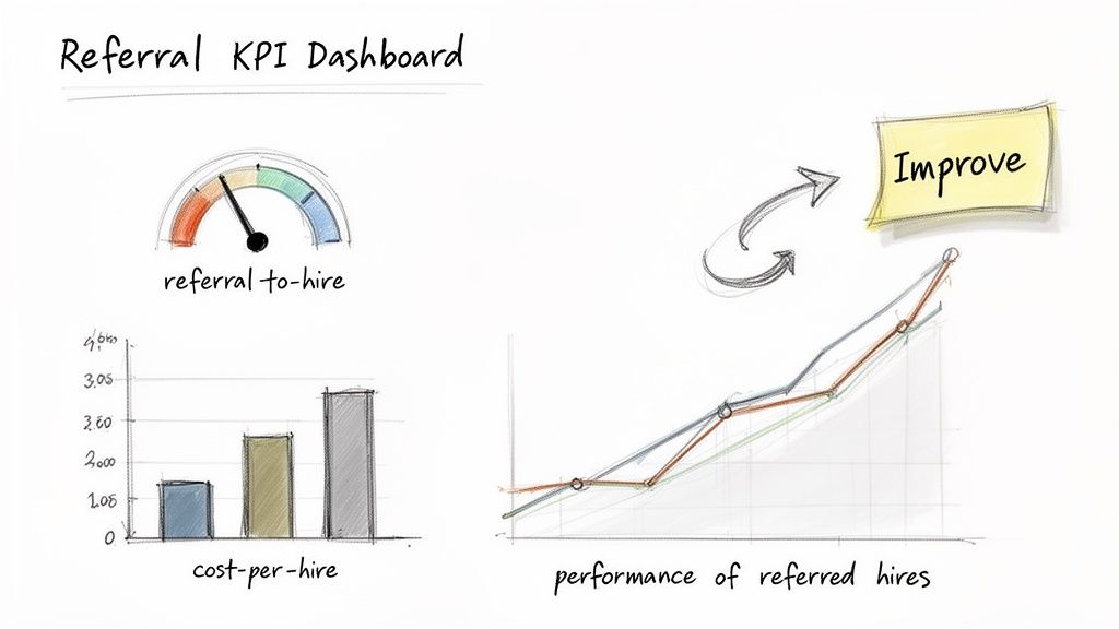 A Referral KPI Dashboard displaying metrics: referral-to-hire gauge, cost-per-hire bar chart, and performance line graph.