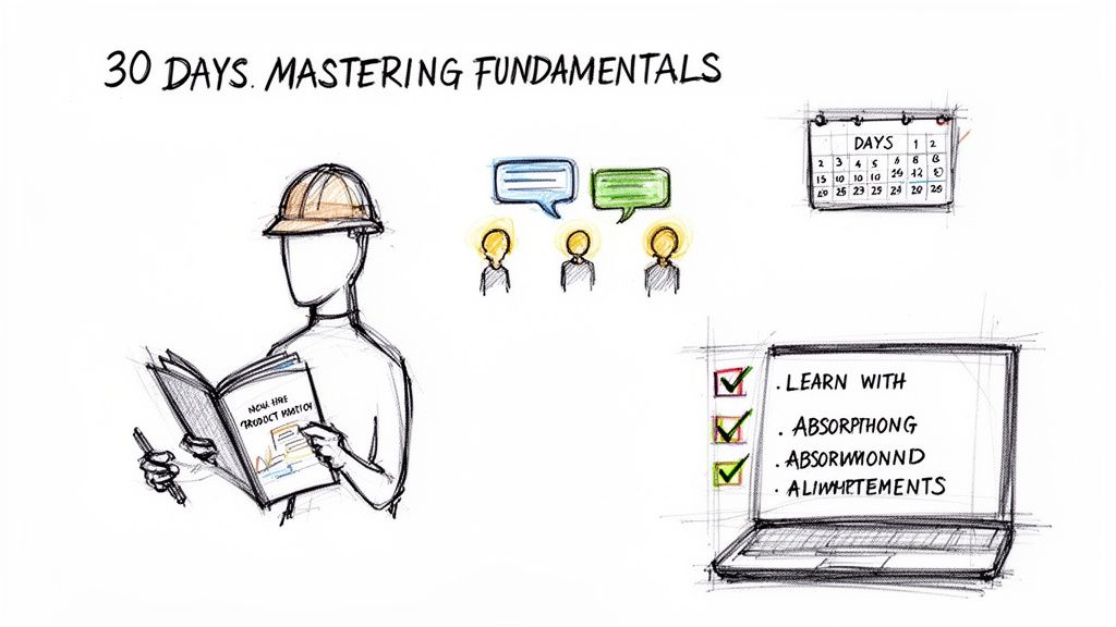 Illustration of a 30-day training plan, showing a person learning, collaborating, and a calendar.