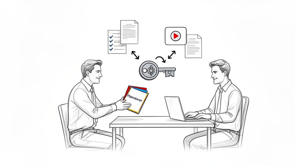 Two men exchanging documents, symbolizing employee handover and digital asset transfer with a key.