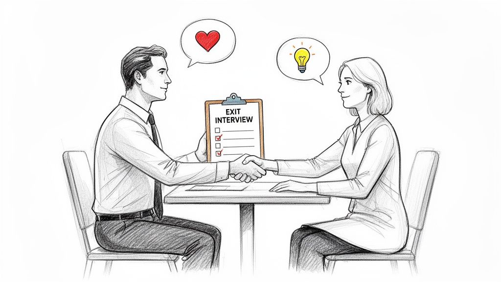 Two professionals shake hands during an exit interview, with a heart and lightbulb in thought bubbles.