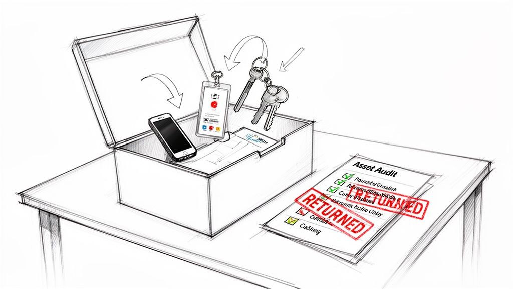 Sketch of an open box with a smartphone, ID card, and keys being returned, alongside an asset audit checklist.