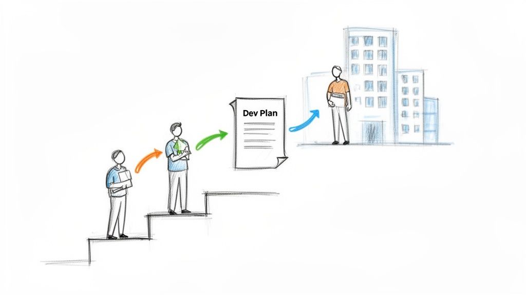 Illustration of a software development workflow, showing people passing a 'Dev Plan' towards a building.