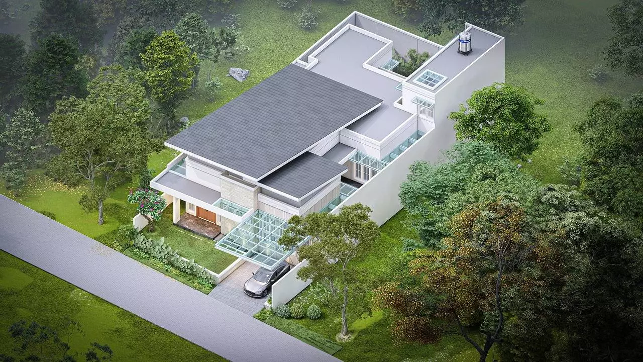 maison architecte vue aérienne avec jardin verdoyant