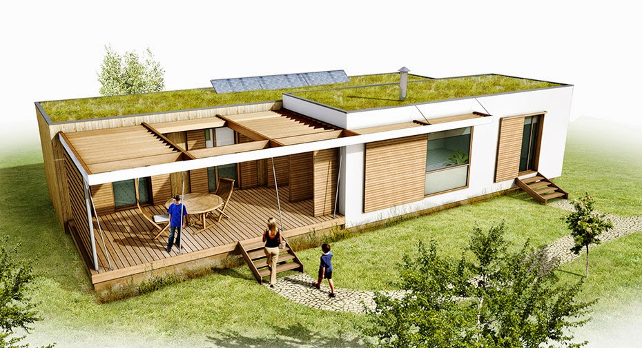 simulation 3D maison écologique ossature bois et verdure