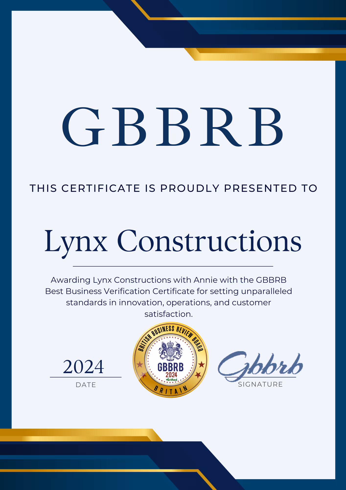 GBBRB certificate - Lynx constructions
