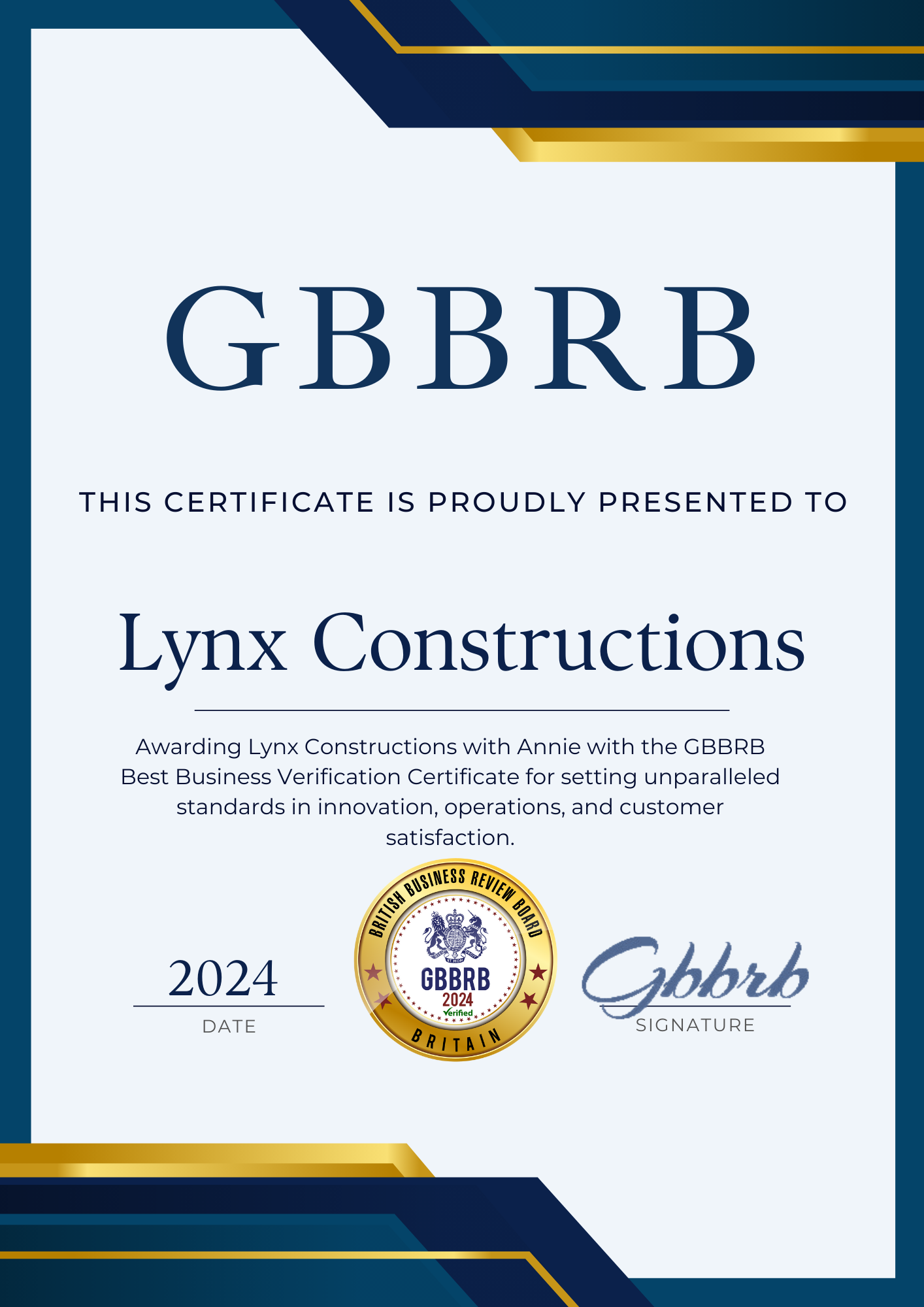 GBBRB certificate - Lynx constructions