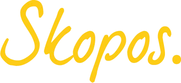 Skopos logo in cursive yellow script with a period at the end.