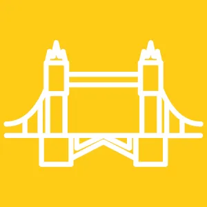 White line art illustration of Tower Bridge on a yellow background.
