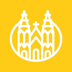 White line art icon of Cologne Cathedral with two towers inside a circle on a yellow background.