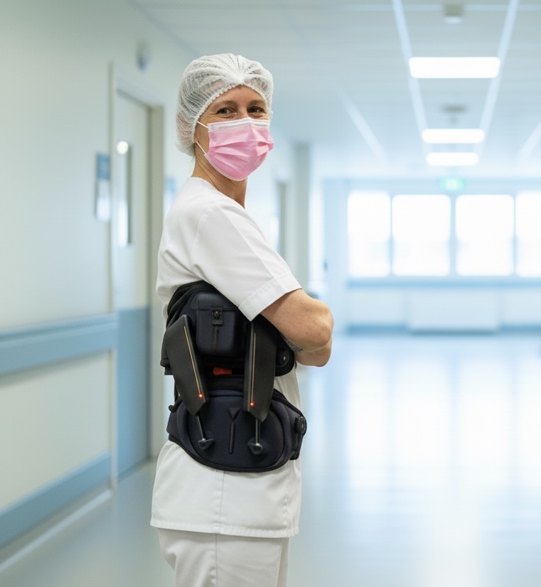 Une infirmière souriante protège son dos avec un exosquelette