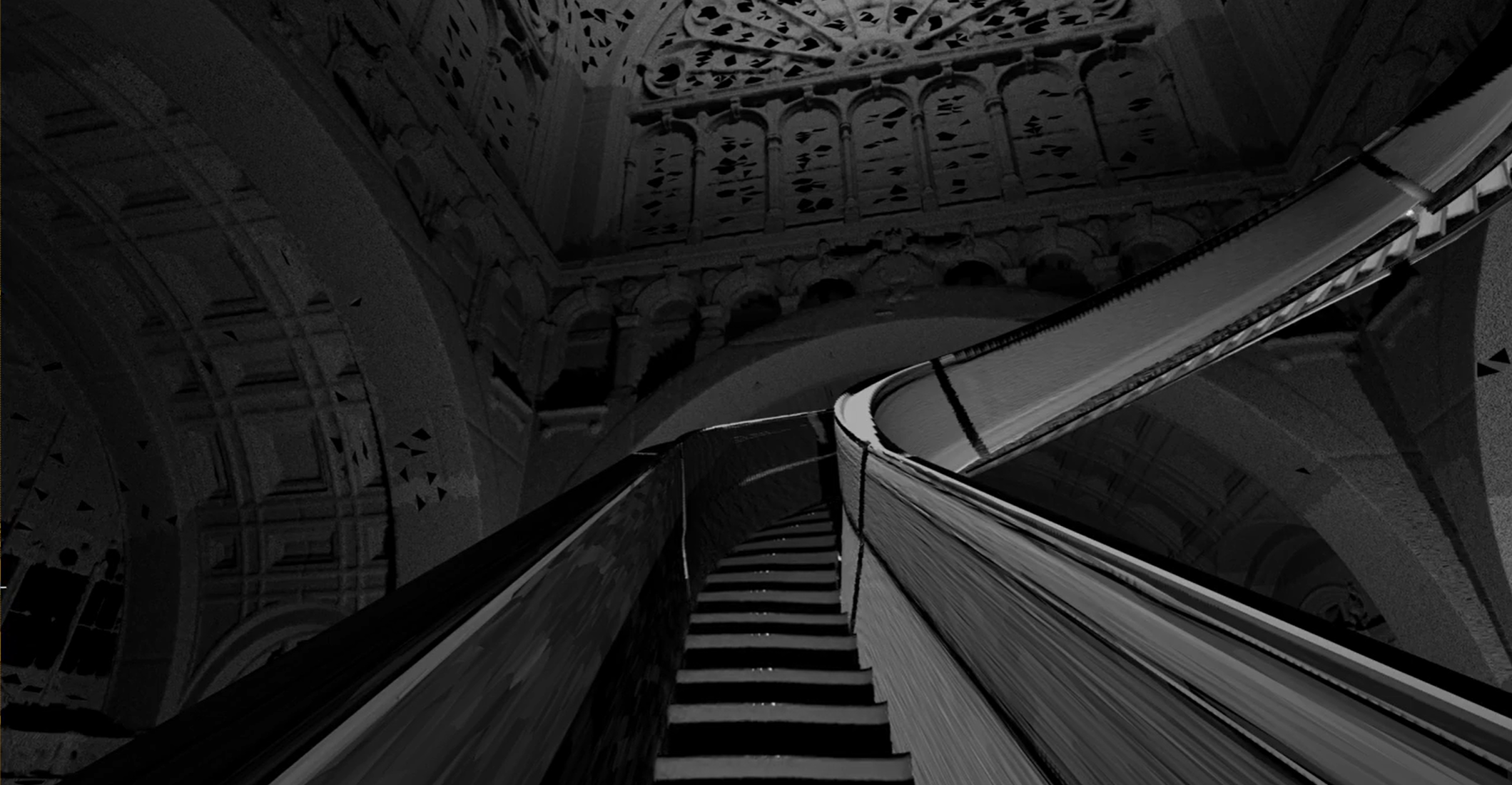 An escalator in Anxious Arrivals, VR performance