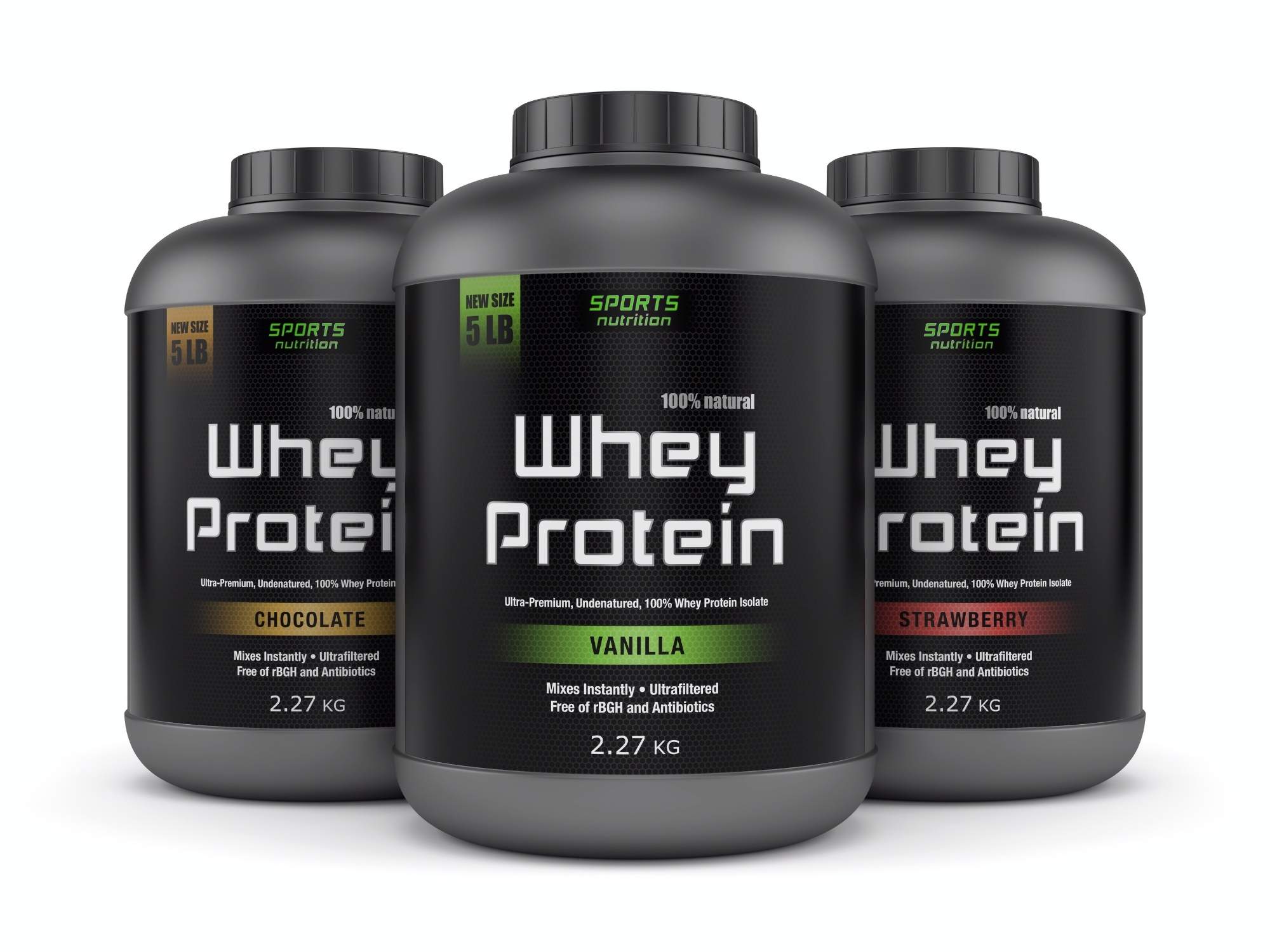A group of whey protein containers, showing off custom nutraceutical label design