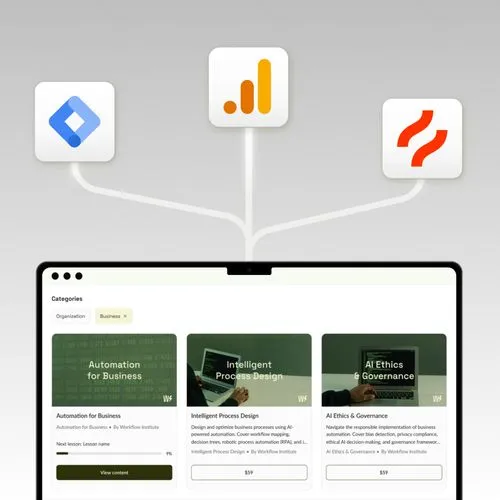 Laptop screen showing business automation courses linked to Google Tag Manager, Google Analytics, and Segment logos.