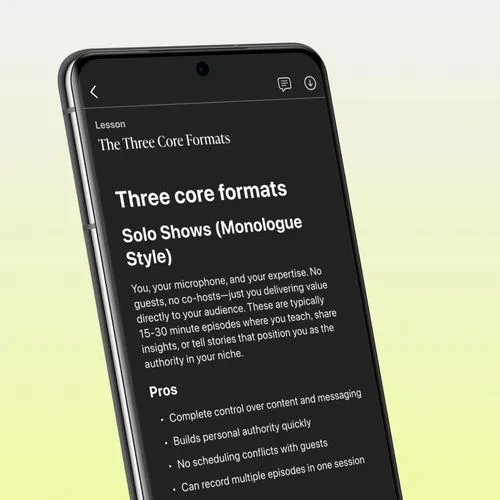 Smartphone screen showing a lesson on three core formats, focusing on solo shows pros and description.