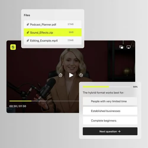 Video player with woman hosting, file list with Sound_Effects.zip highlighted, and quiz question on hybrid formats.