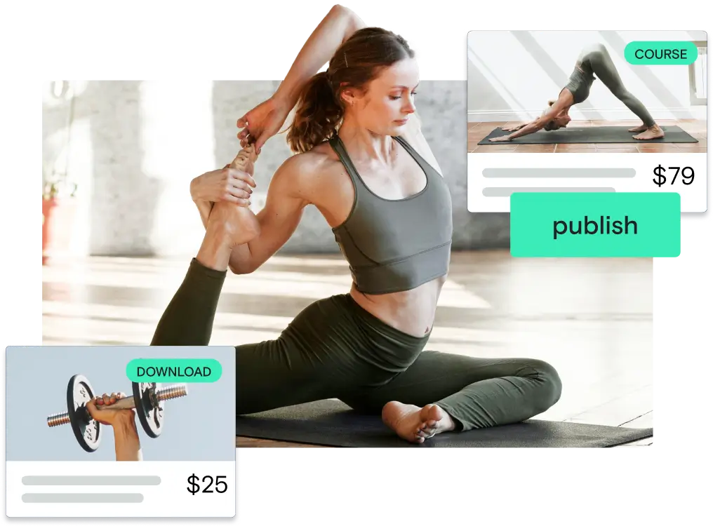 Centered image of a woman doing yoga, surrounded by courses featuring wellness and yoga