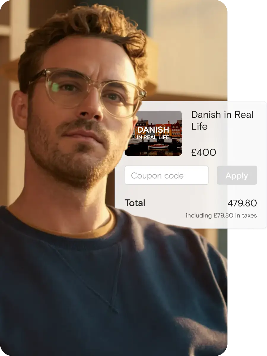 Man with glasses looking thoughtfully, with an overlay showing a purchase summary for 'Danish in Real Life' priced at £478.8 including taxes.
