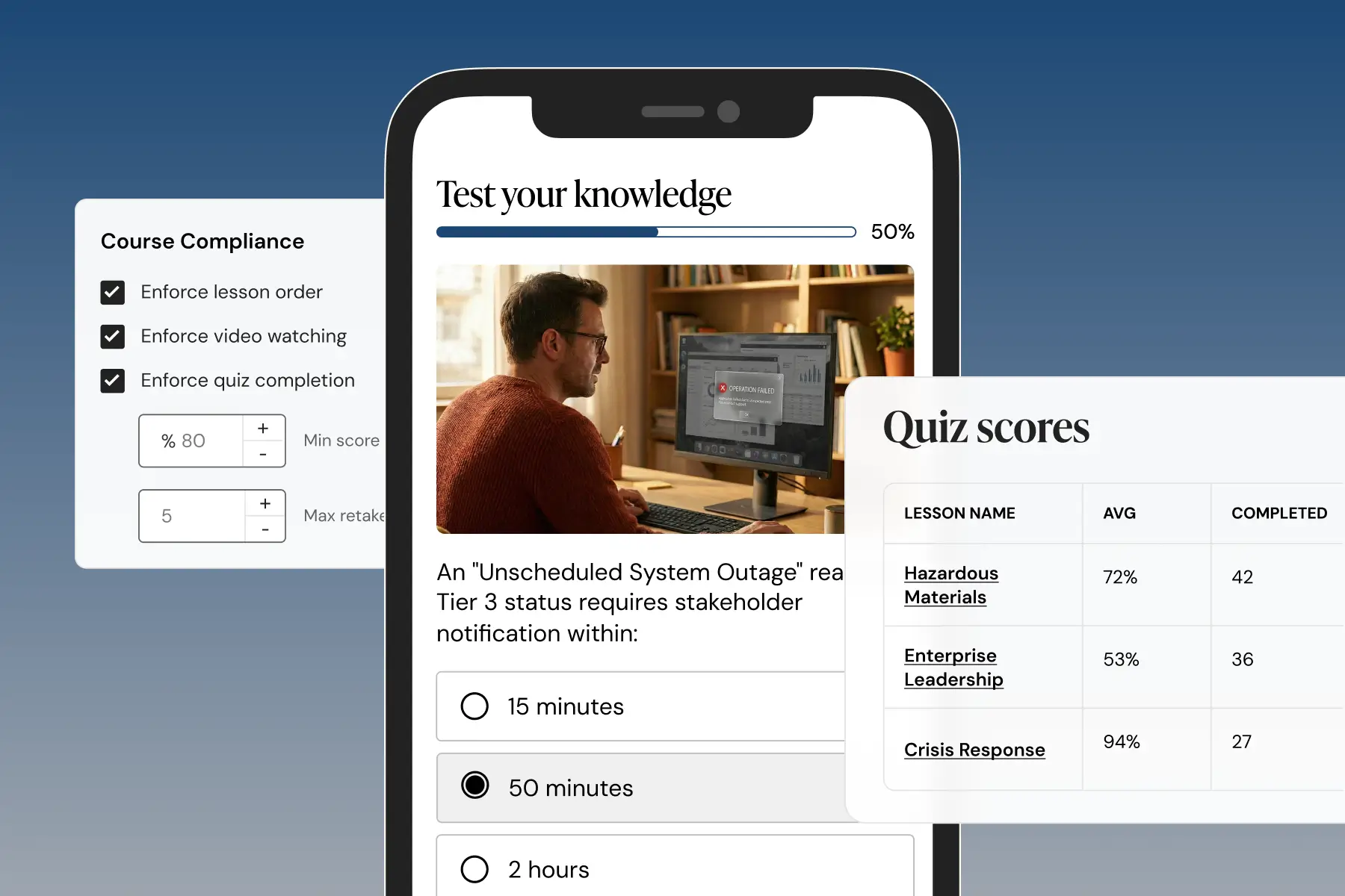 A split-screen graphic displaying a mobile quiz interface on the left and a 'Quiz scores' dashboard on the right. The smartphone screen, titled "Test your knowledge," features a photo of an outdoor cafe and a multiple-choice question regarding the meaning of the word "Magari."