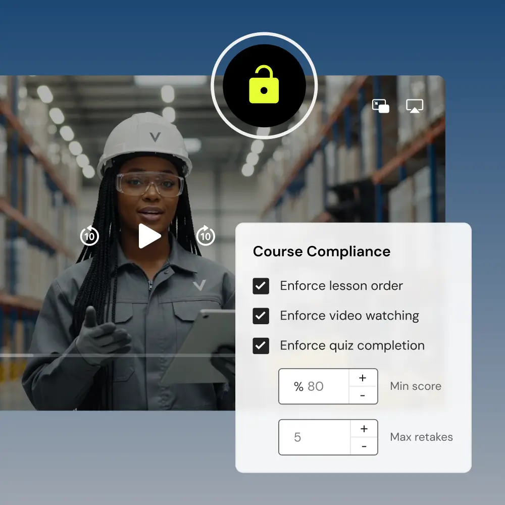 A split-screen graphic displaying a mobile quiz interface on the left and a 'Quiz scores' dashboard on the right. The smartphone screen, titled "Test your knowledge," features a photo of an outdoor cafe and a multiple-choice question regarding the meaning of the word "Magari."
