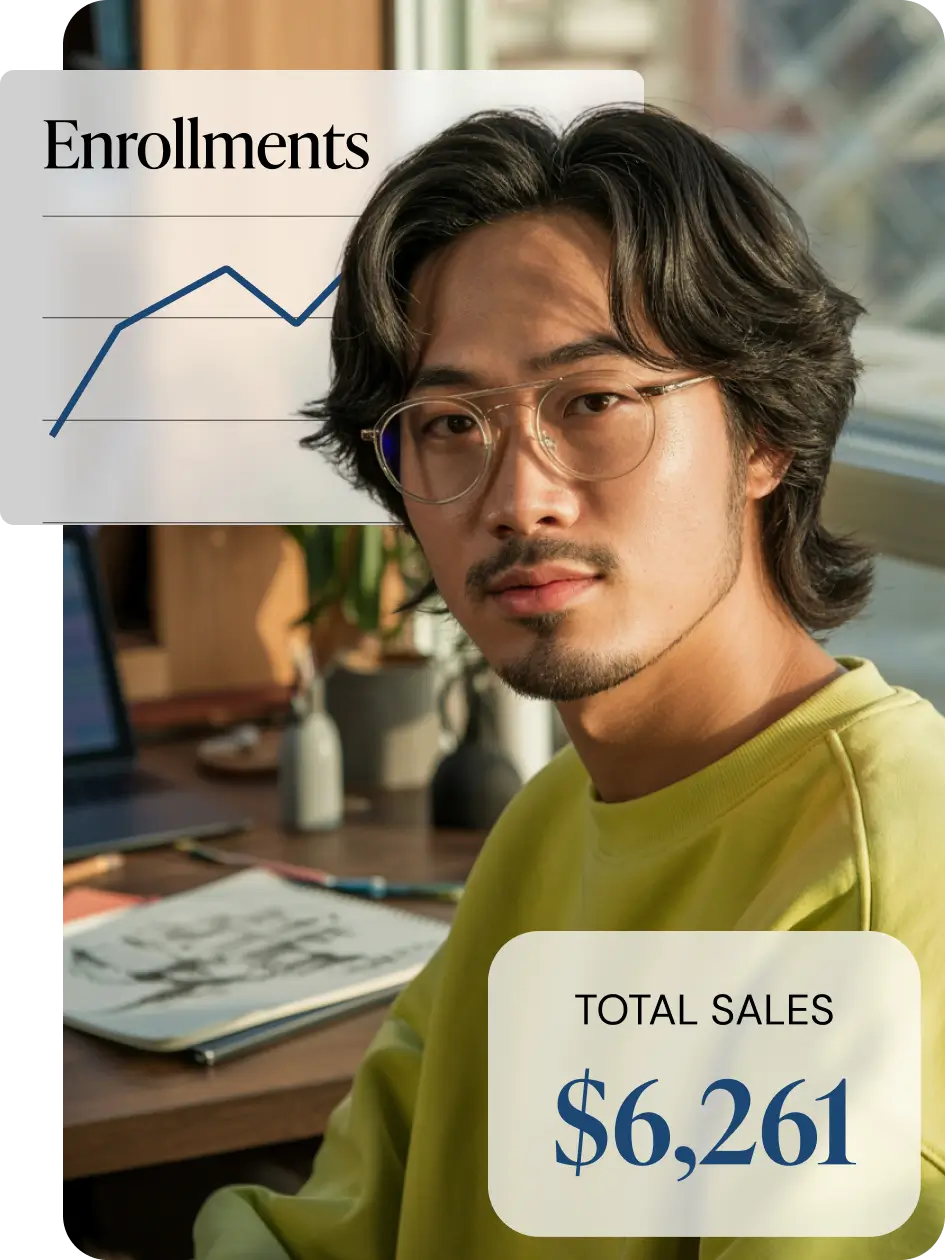 A creative professional at a desk with overlays showing positive growth metrics in sales and enrollments.