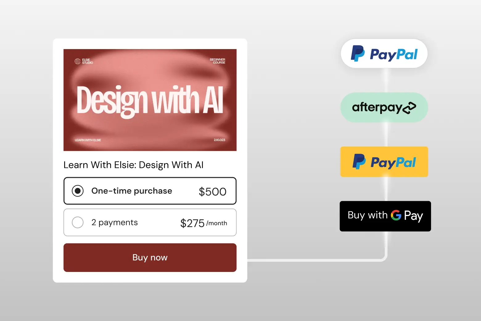 A digital checkout interface for a course titled "Design With AI" by Elsie Studio.