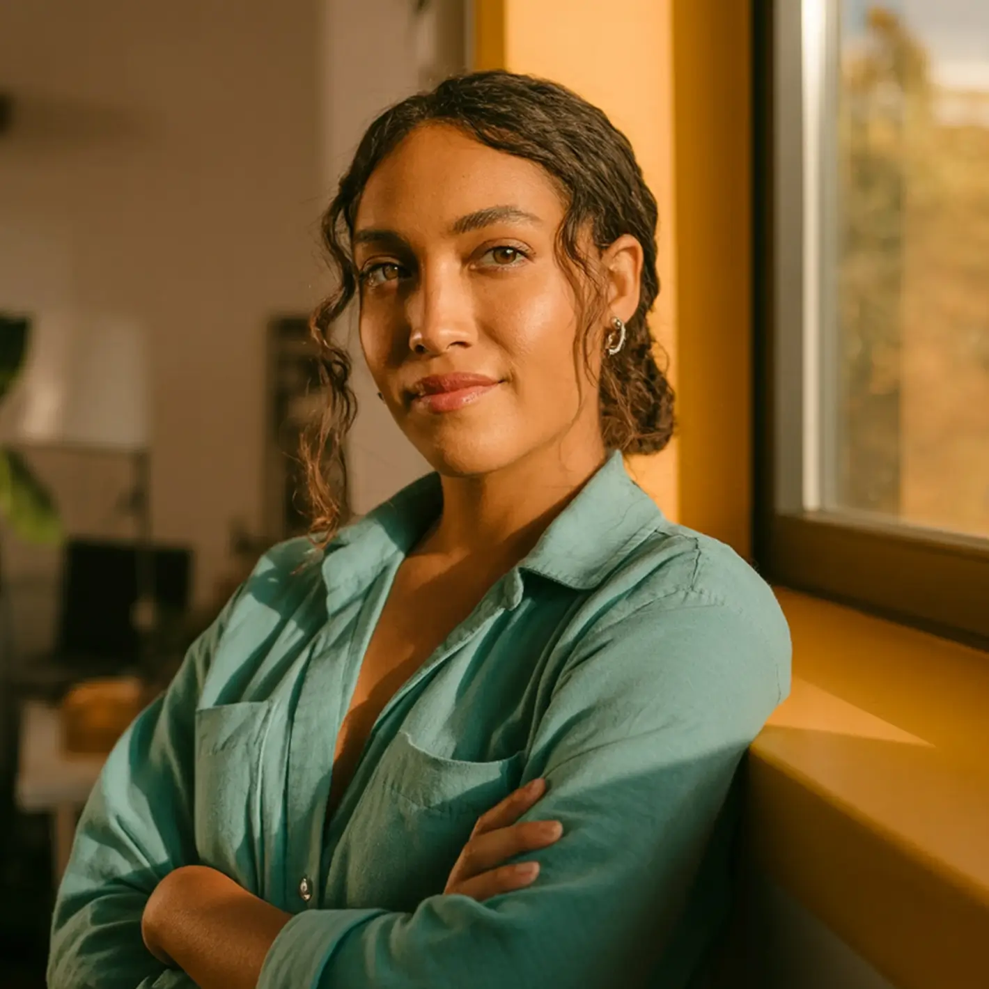 Confident woman with curly hair and green shirt standing by a window with folded arms.