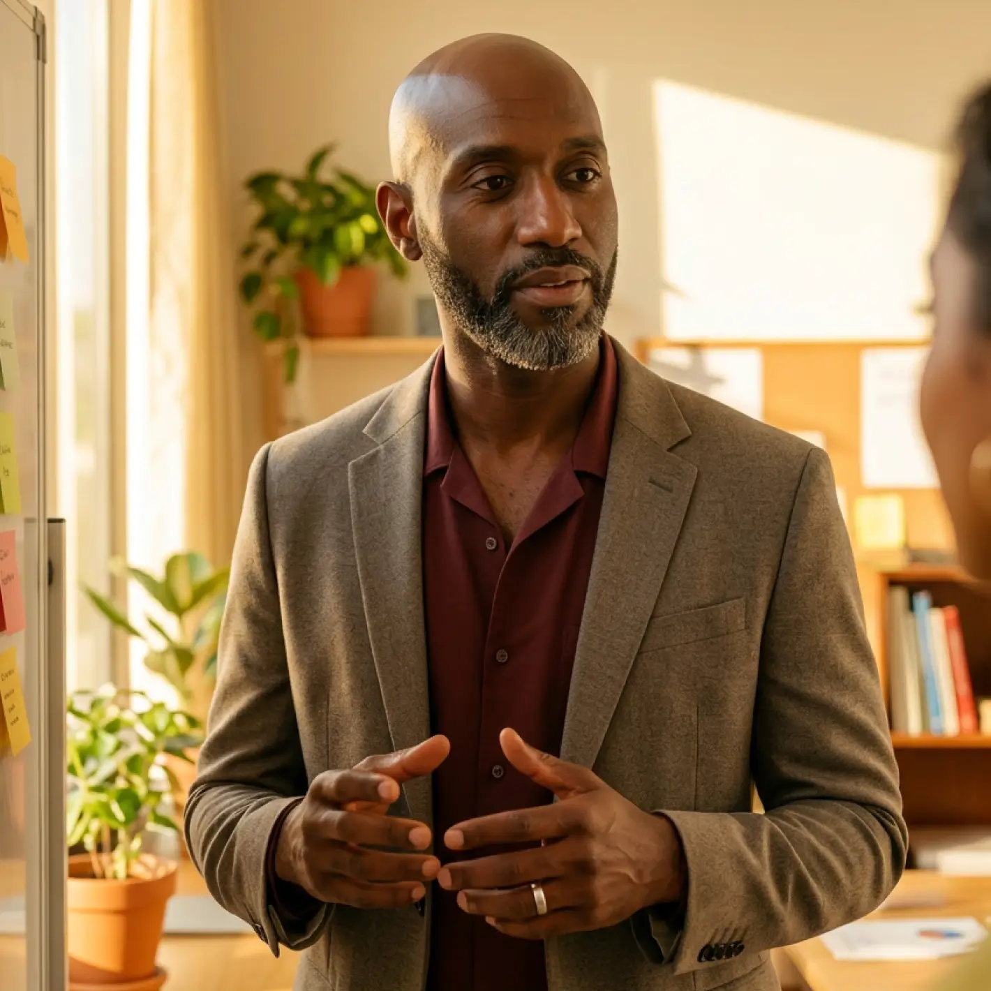 Man in brown blazer and maroon shirt speaking with someone in a warmly lit office with plants.