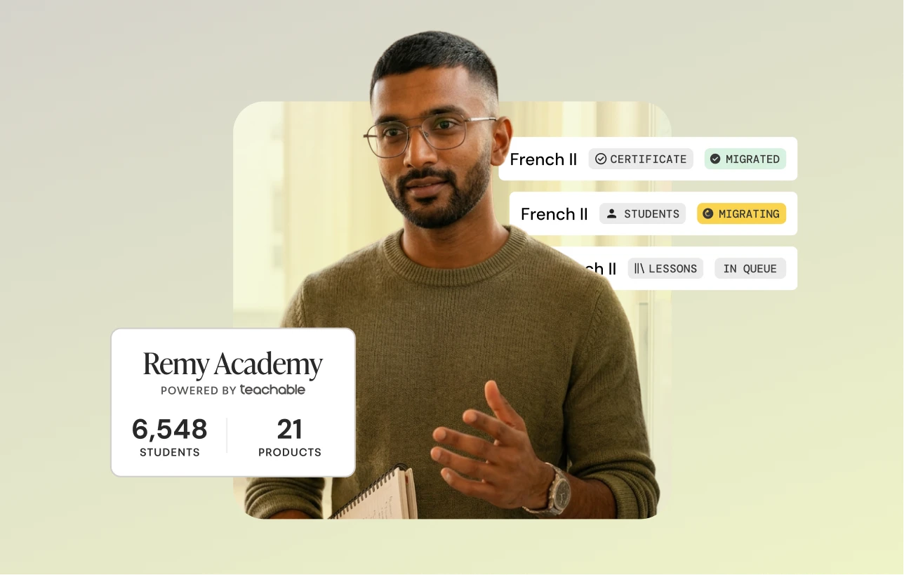 Man in glasses and brown sweater holding notebook with Remy Academy stats and course migration status.
