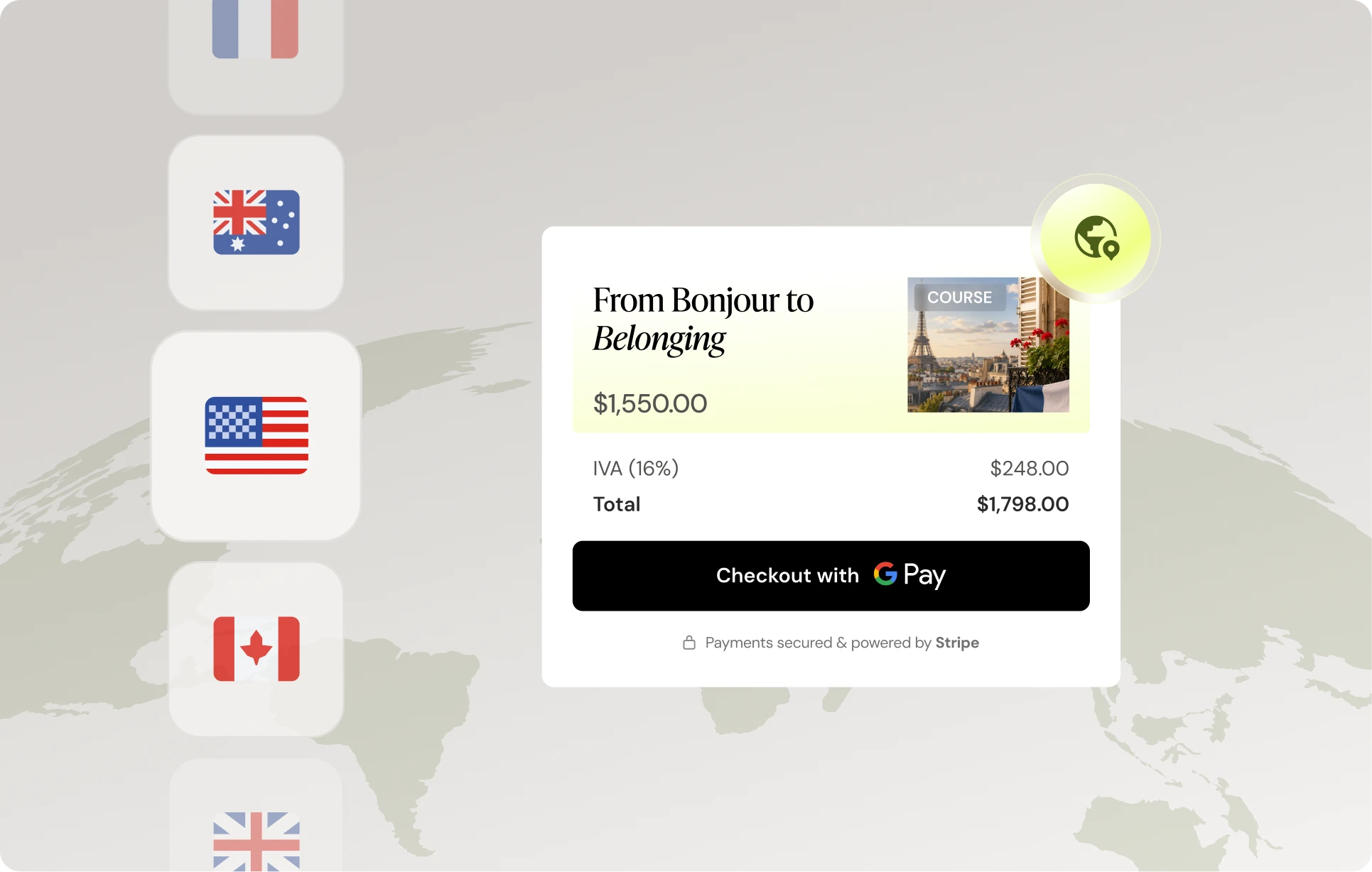 Online checkout showing course 'From Bonjour to Belonging' costing $1,550 plus $248 tax, total $1,798.