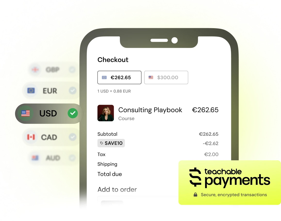Mobile checkout screen showing Consulting Playbook course priced at €262.65 with currency options and secure payments logo.