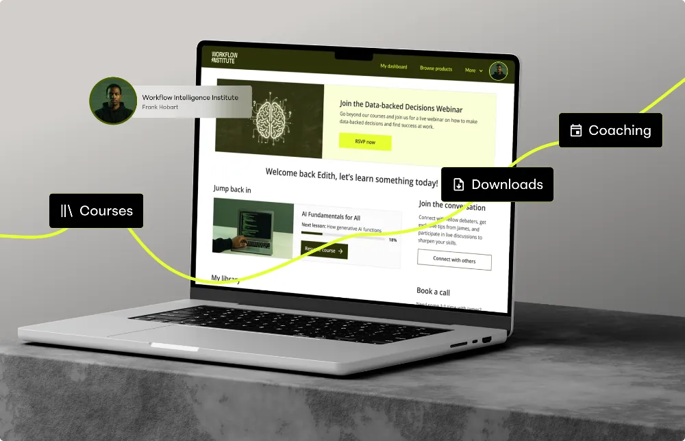 Open laptop on a stone surface displaying a dashboard of Workflow Intelligence Institute's website, showing a welcome message, a webinar invitation, course progress, and options for coaching, downloads, and courses connected by a yellow line.