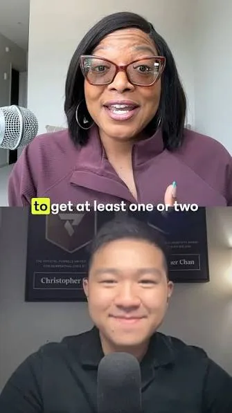 Two speakers with microphones in a split-screen conversation