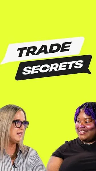 Two speakers in a Trade Secrets conversation on a lemon-yellow background
