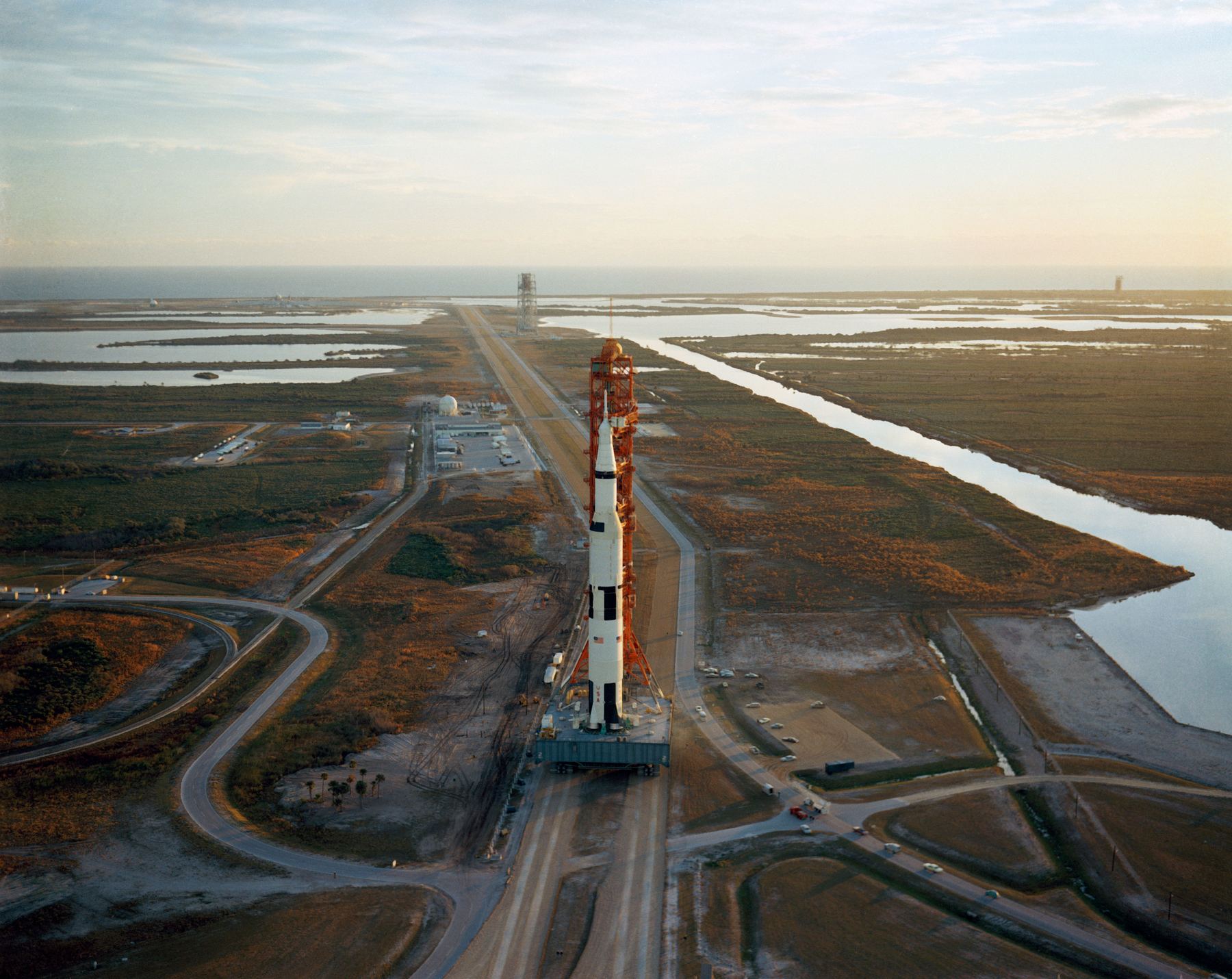 Saturn V on the crawlerway leaving the Vehicle Assembly Building.