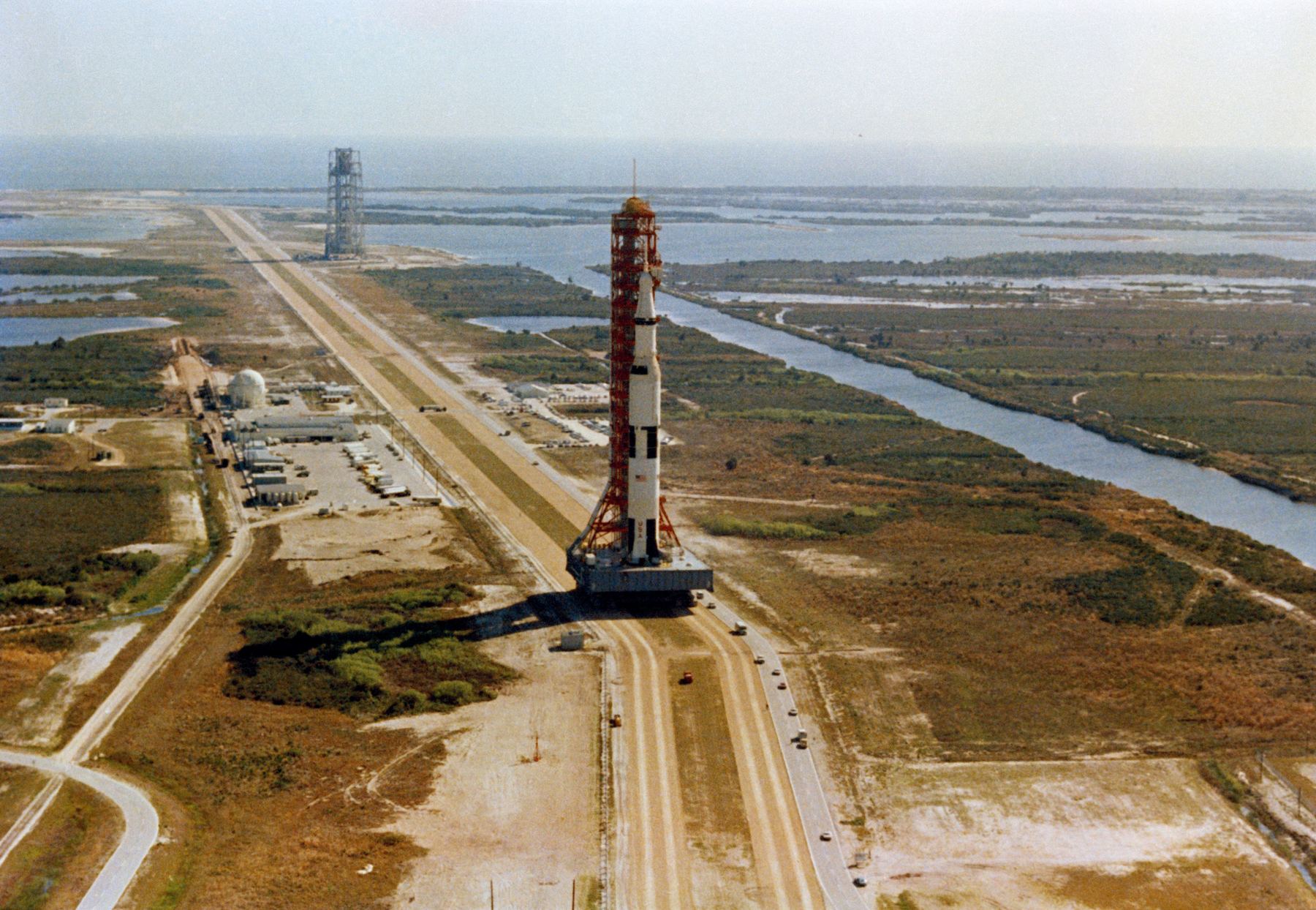 Aerial view of Launch Complex 39 as Apollo 10 moves toward Pad B.