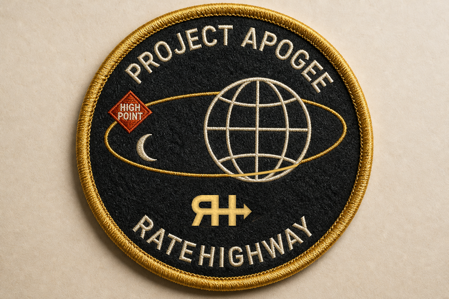 Gold merrow Apogee patch: Earth on a gold ellipse, HIGH POINT at the far tick, official RateHighway mark at six o'clock.