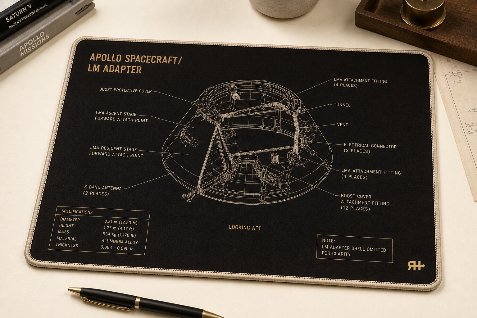 Charcoal desk pad: cream SLA adapter linework, official RH mark.