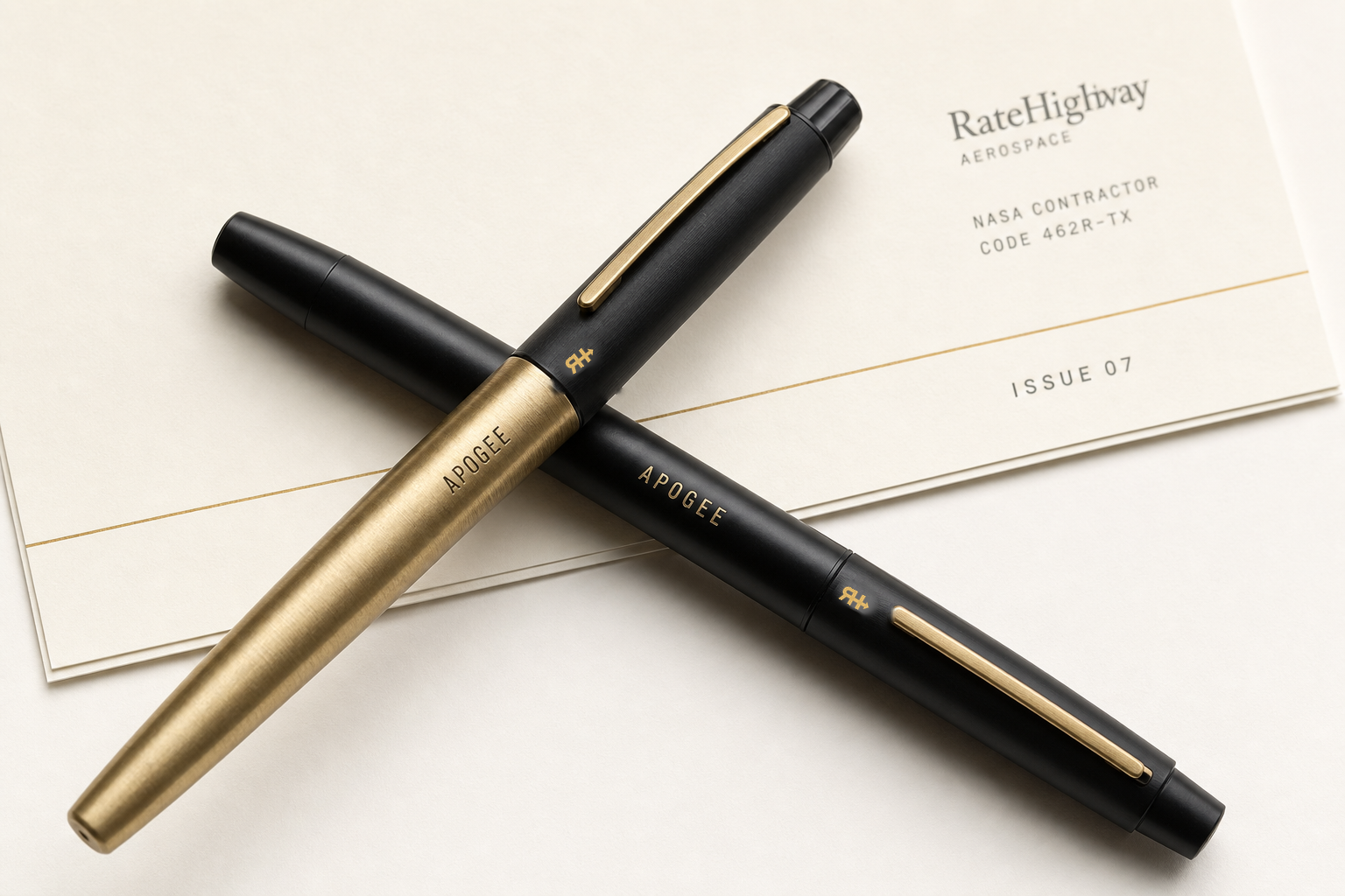 Archive pens crossed: brass and charcoal, official RH on the caps, APOGEE on the barrels.