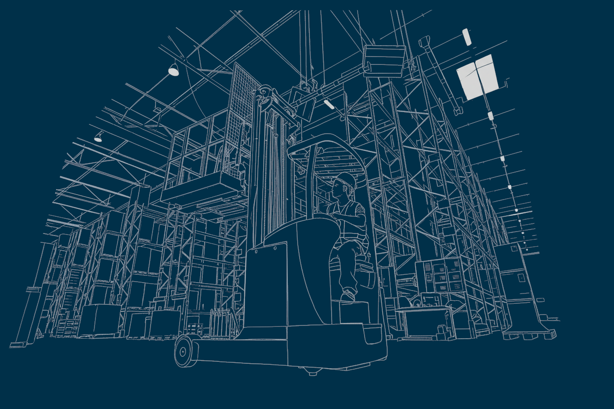 Strichzeichung / Illustration zum Thema Logistik und Organisation. Zeigt eine Lagerhalle samt Gabelstapler.