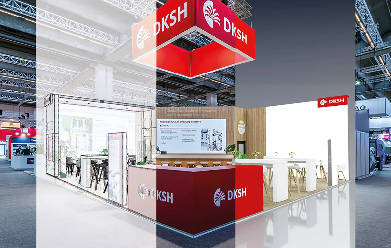 Messestand Visualisierung: Zeichung, Rendering, Foto des fertigen Standes.