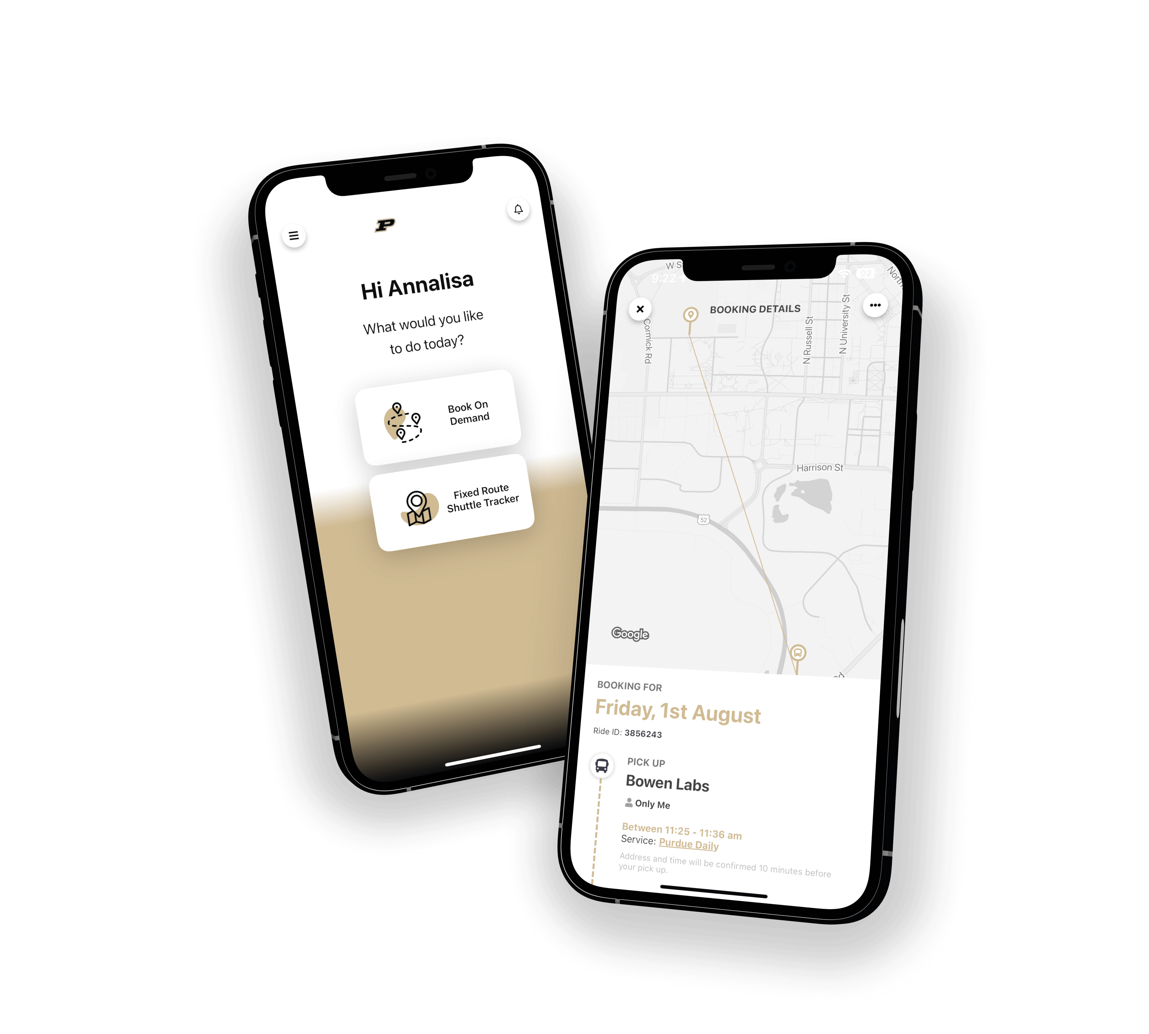 Mockup of the Purdue Campus Transit app on a mobile phone
