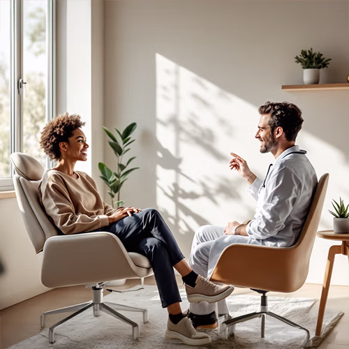 An individual and a psychiatrist chat in a bright office.