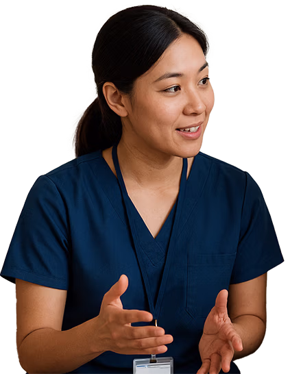 A doctor gestures and talks towards a patient.