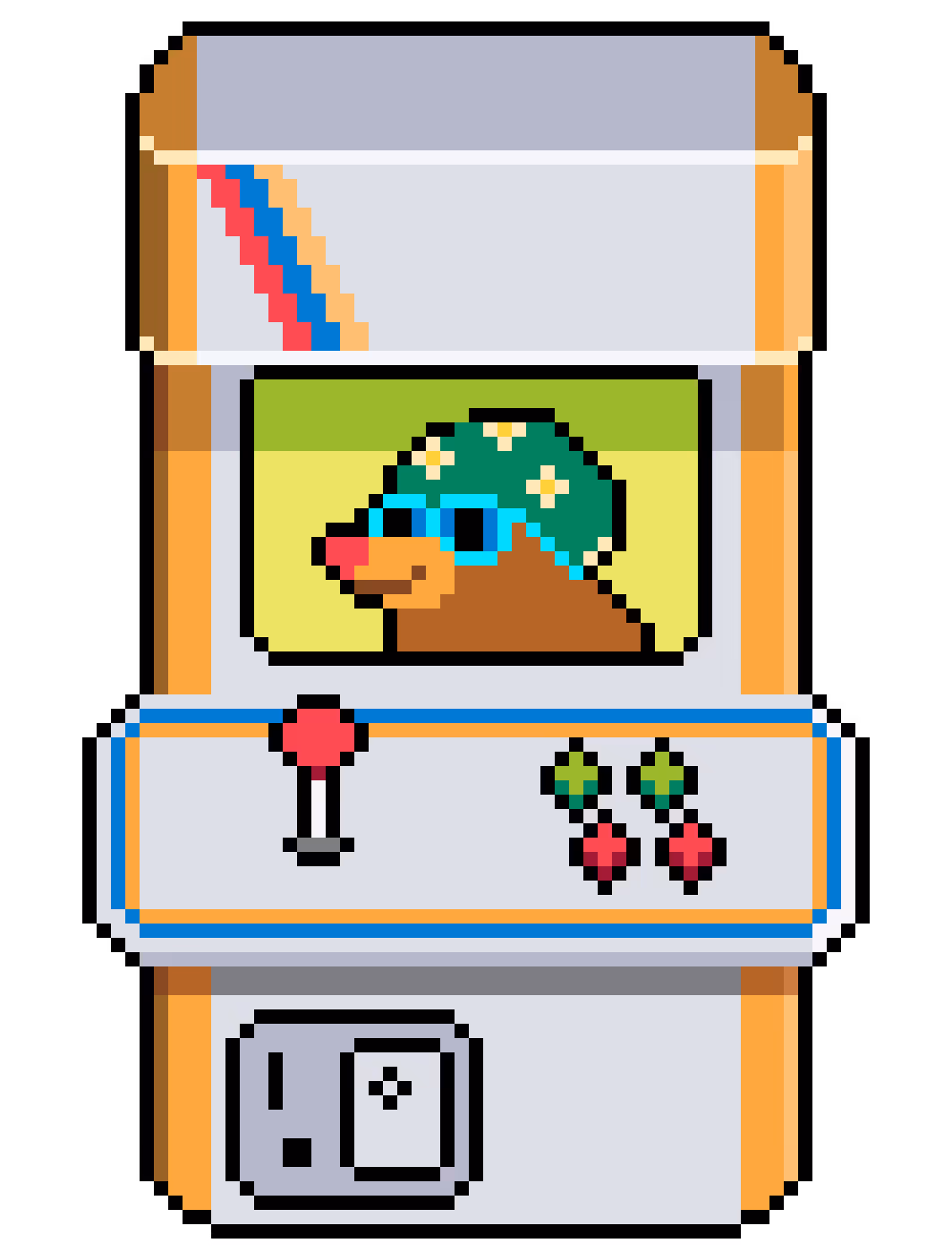 Pixel art of an arcade machine displaying a smiling brown mole wearing blue glasses and a green hat with yellow stars.