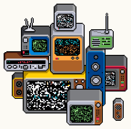 Pixel art of a collection of vintage televisions and radios with static and distortion on the screens.